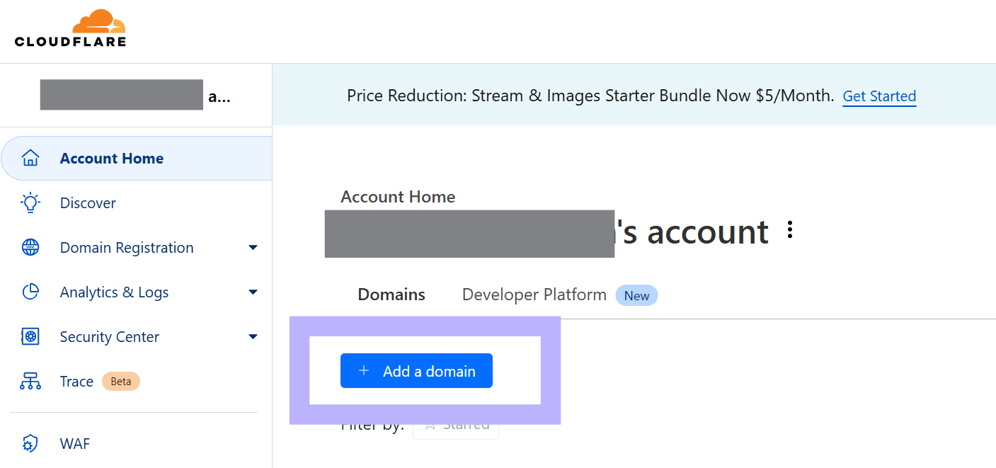 cloudflare add a domain screen
