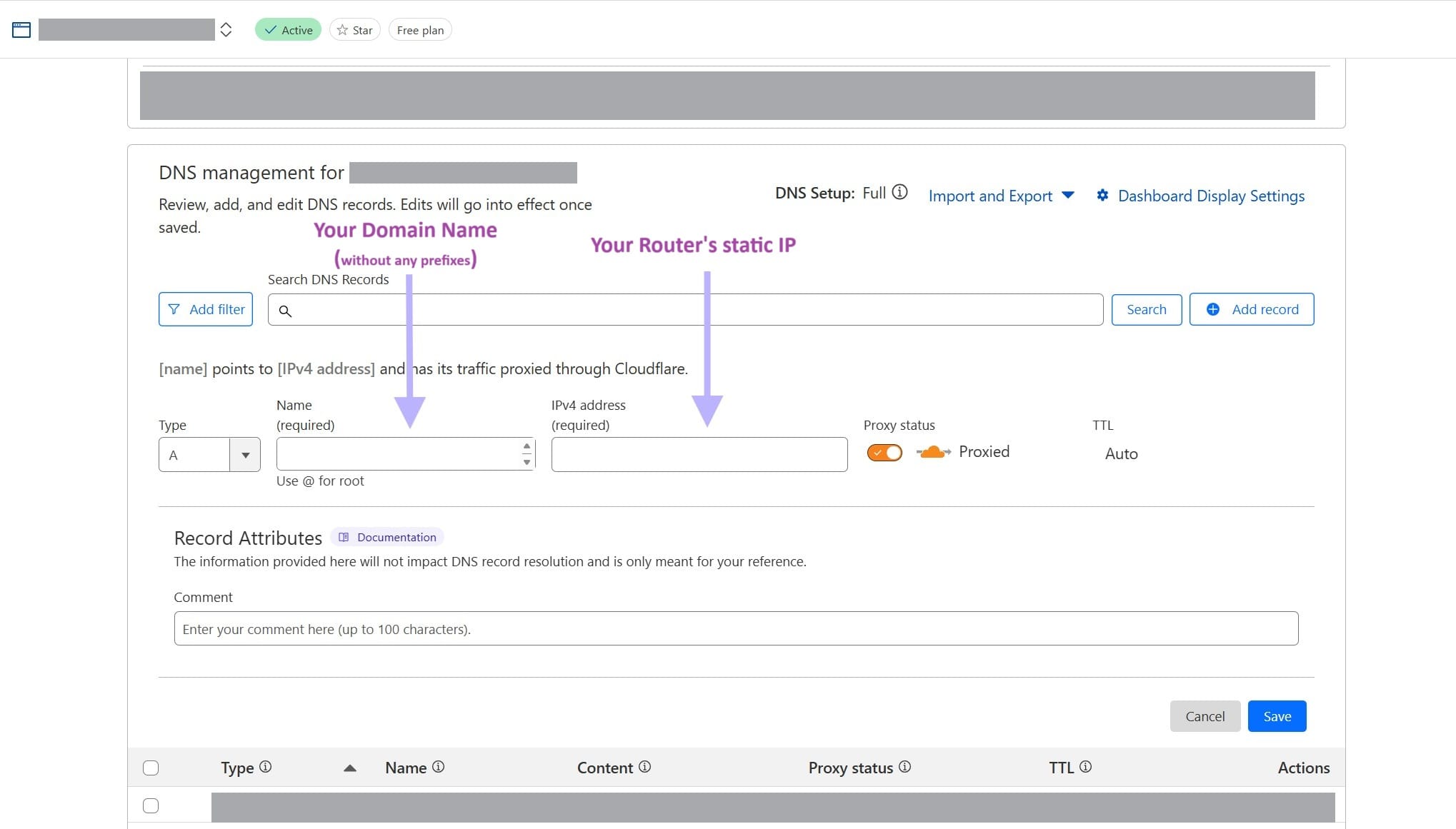cloudflare A record for your domain to static ip address mapping
