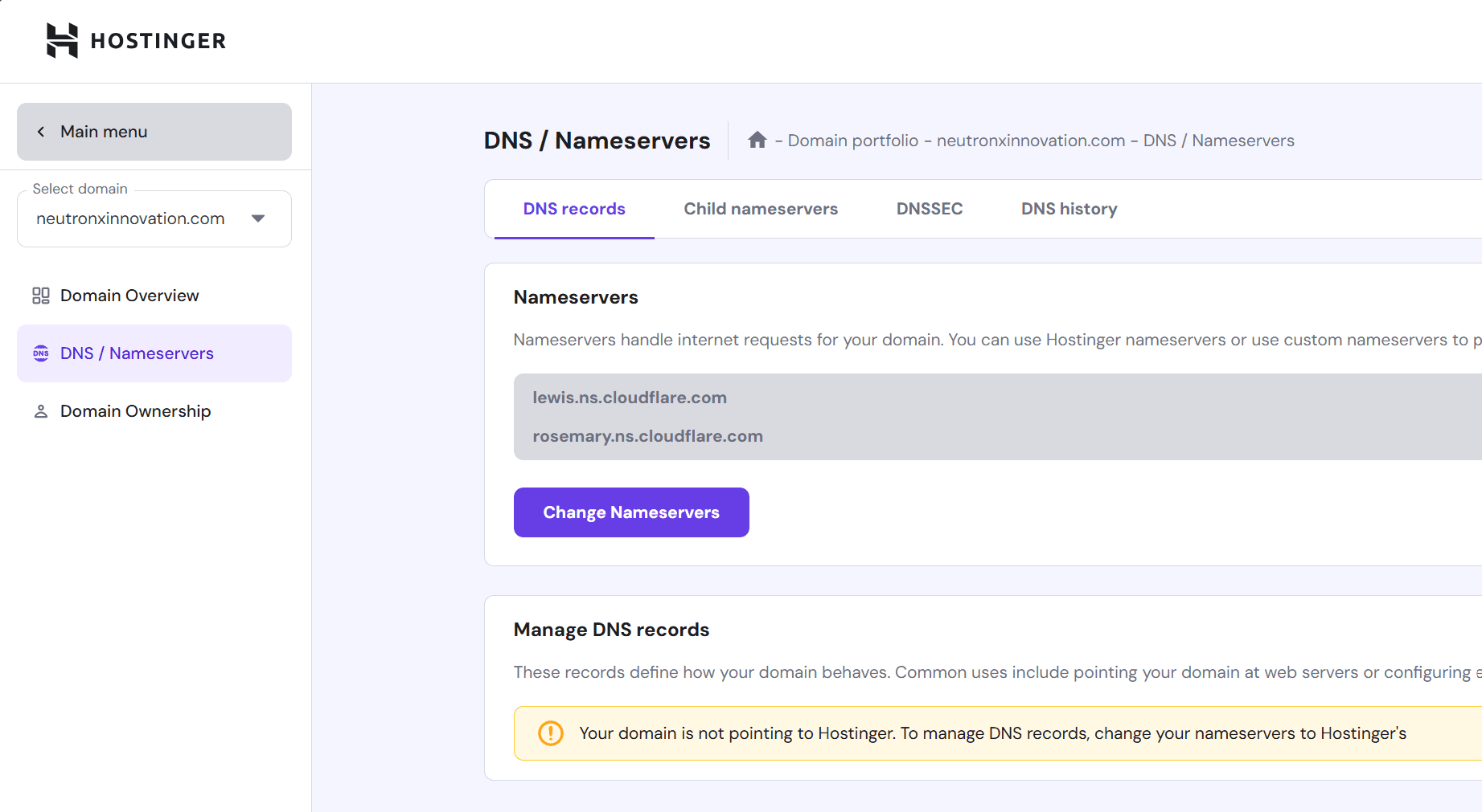 nameservers configuration screen for Hostinger